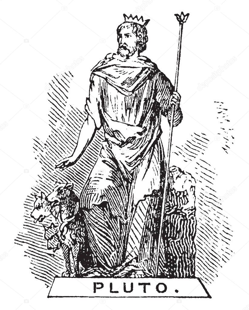 This frame has a statue of a man. The rod in his right hand is the lotus at the extremity of that rod. And there are two dogs on the left side of the statue, vintage line drawing or engraving illustration.