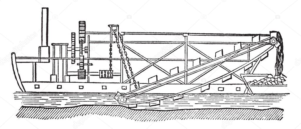 Dredging Ship used for lifting mud and silt from the bottom of rivers harbors and canals, vintage line drawing or engraving illustration.