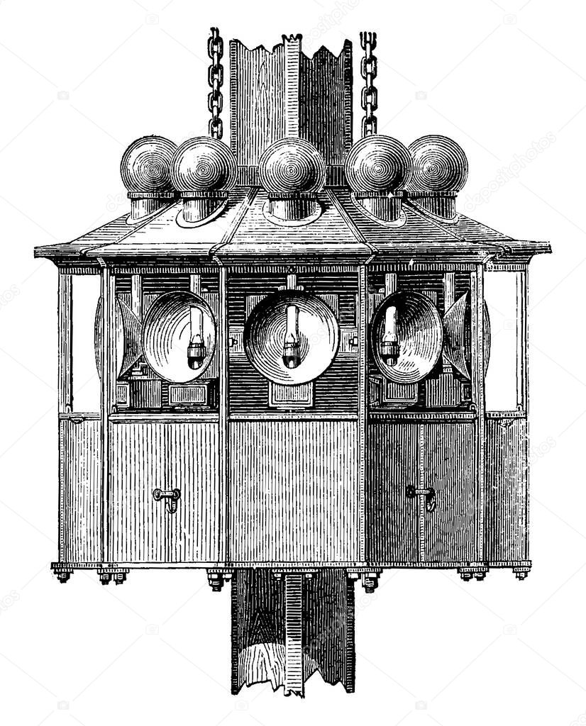 Lighting apparatus floating fire, vintage engraved illustration. Industrial encyclopedia E.-O. Lami - 1875.