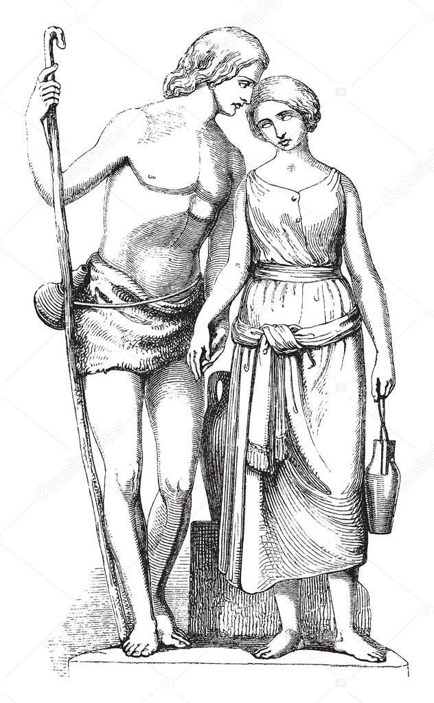 Sculpture was depicts Jacob and Rachel from the Bible, vintage line drawing or engraving illustration.