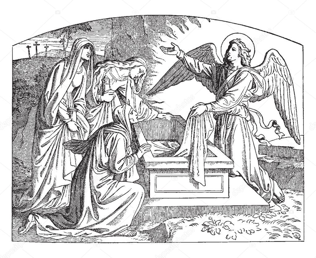 The Angel and Women at the Empty Tomb, this scene shows an angel and three women standing at the empty Tomb, an angel holding cloth in hand, vintage line drawing or engraving illustration