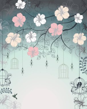Vintage invitation card with ornate elegant retro abstract floral design, multi-colored flowers and leaves on bluish gray background with lanterns birds and text label. Vector illustration clipart