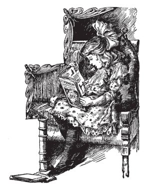 Bir kitap, çocuk, Erkek, çocuk, eğlence, edebiyat, oturma, vintage çizgi çizme veya oyma illüstrasyon tezgah gönüllülük üstünde oturan kız.