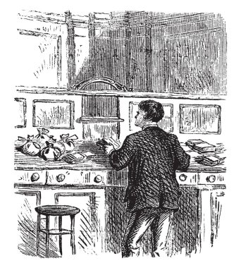 Bu resimde bankacı sıralama para Counter, vintage çizgi çizme veya oyma illüstrasyon temsil eder..