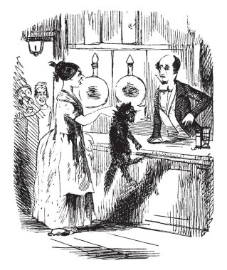 Kedi elinde tutan ve onun önünde ayakta adam için gösterilen bir kadın vintage satır çizim veya gravür illüstrasyon