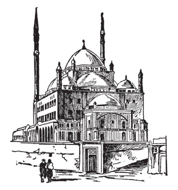 Cario, vintage çizgi çizme veya oyma resimde bulunan Mohammed Ali Camii resmi gösteriyor.