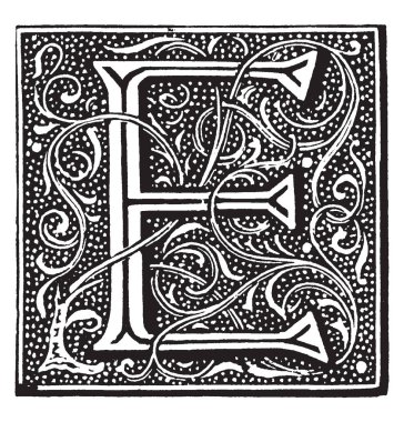 Bir süs büyük harf E, vintage çizgi çizme veya oyma illüstrasyon