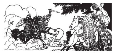 Kılıç, kılıç havada, onlara, bakmak at sürme bir kadın ile mücadele iki at binici vintage satır çizim veya gravür illüstrasyon