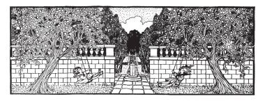 Kızlar salıncak Bahçe afiş var iki kız ve ağacı, vintage çizgi çizme veya oyma illüstrasyon.