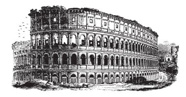 Colosseum, büyük bir amfi tiyatro inşa, Roma tarafından Flavius Vespasian, ünlü savaşlarından, vintage çizgi çizme veya oyma illüstrasyon yeniden kanunlara göre.