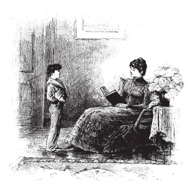 Masal saati, kitap, çocuk, Anne, evlat, okuma, vintage çizgi çizme veya oyma illüstrasyon.