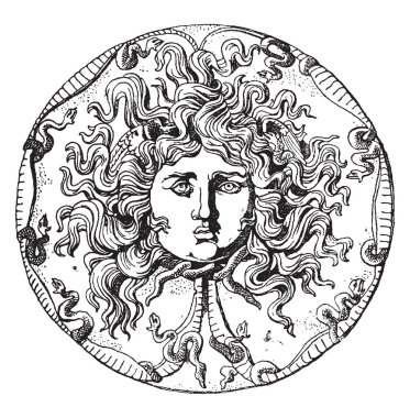 A statue of Medusa head. Medusa, in Greek mythology was a mortal woman transformed into a Gorgon, a dragon-like creature with snakes for hair, vintage line drawing or engraving illustration. clipart