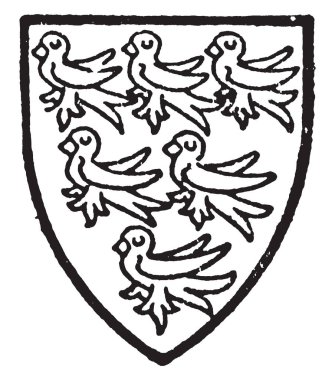 Arundel olduğunu martlets hirundels ya da yutar için durmak gerekir, büyük yeşil arabellekleri vardır bir Ortaçağ Kalesi ve Roma Katolik Katedrali, vintage çizgi çizme veya oyma illüstrasyon.