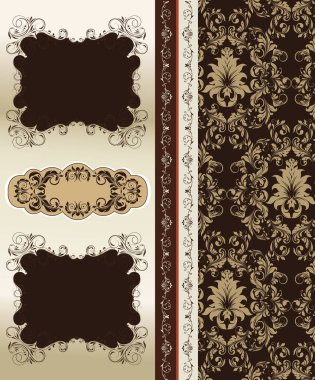 Vintage davetiye süslü zarif retro soyut çiçek tasarım, çikolata kahverengi ve hafif kahverengi çiçek ve yaprakları üzerine açık gri ve çikolata kahverengi renkli çizgili bölücü ve plaket metin etiketi ile. Vektör çizim