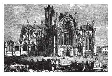 Melrose Abbey, 12. yüzyıl, mimari, Hıristiyan manastır, manastır rahipleri, manastır, Gotik tarzı, Kral David ben, İskoçya, vintage çizgi çizme veya oyma illüstrasyon.