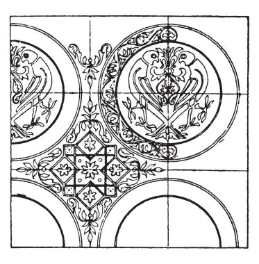 Tekstil, ipek ve altın 12. yüzyılda tasarım kalıptır, Abbey St Germain des pres de Paris, vintage çizgi çizme veya oyma illüstrasyon mezarlık bulunur.