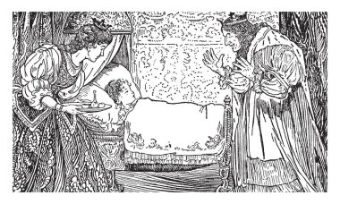 Yatak, Kral ve Kraliçe Yatak duran ve çocuğa, holding gıda plaka, vintage çizgi çizme veya oyma illüstrasyon Kraliçe seyir üzerinde uyuyan bir çocuk