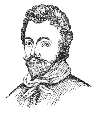 Sir Francis Drake, 1540-1596, o bir İngiliz deniz Kaptan, hükümet izniyle, navigator ve Elizabeth dönemi ve ilk Avrupa ziyaretçi Oregon, vintage çizgi çizme veya oyma illüstrasyon inşaat mühendisi oldu