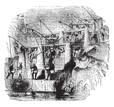 Bu örnek kullanır ağırlık kaldırma kovalarca su neredeyse zahmetsiz, vintage çizgi çizme veya oyma illüstrasyon yapmak olan Shadoof temsil eder..