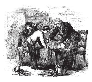 Doktor onun üzerinde denetimi ile bir tablo üzerinde döşeme bir bilinçsiz hasta. Kim yakın duruyorsun arkadaşları çok rahatsız, vintage çizgi çizme bakarak veya illüstrasyon oyma.