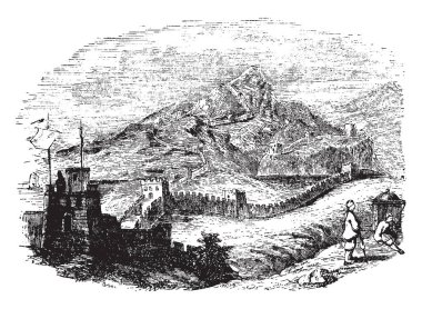 Çizim veya illüstrasyon oyma 220, vintage satırıyla ilgili Tsin Hanedanı'nın ilk imparatoru tarafından inşa edilen Çin Seddi.