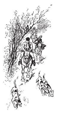 Avcılar bir grup peşinde tilki, vintage çizgi çizme veya oyma illüstrasyon.