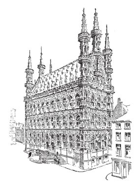 Belediye Binası Louvain, onbeşinci yüzyıldan, Birinci Dünya Savaşı, gece, vintage çizgi çizme veya oyma illüstrasyon belediye binasında.