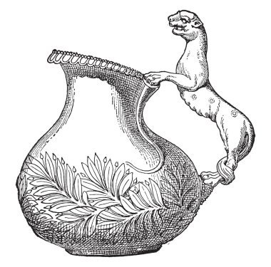 Bronz vazo, vintage illüstrasyon kazınmış.