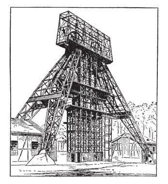 Bu resimde Alman çelik araştırma şapkalar vinç kule, vintage çizgi çizme veya oyma illüstrasyon temsil eder..