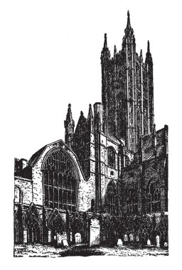Canterbury Katedrali ve mezar yard taş da orada, vintage çizgi çizme veya oyma illüstrasyon uzun kulede.