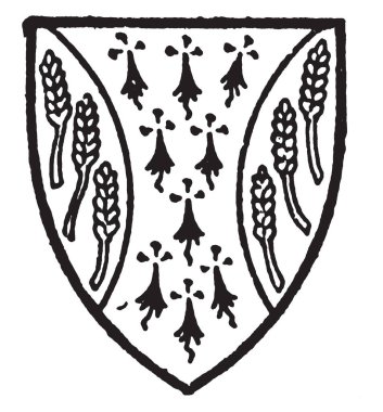 Greyby çoğu Ermin iki flaunches altı altın buğday-kulaklar, vintage çizgi çizme veya oyma illüstrasyon masmavi.