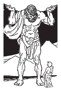 Herkül Labors bu sahneyi yaşlı bir adam bir şey boyun ve el, küçük adam onu, vintage çizgi çizme veya oyma illüstrasyon bakıyor geri tutarak gösterir.