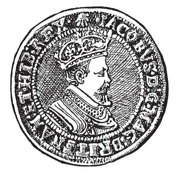 Двойная Корона Золотая Монета Номиналом Шиллингов Рисунок Винтажной Линии Гравировка — стоковый вектор