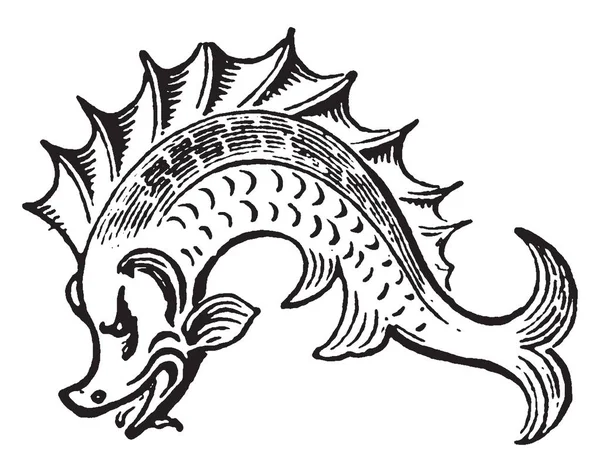 Изображение Большой Мифической Рыбы Которая Выглядит Дельфин Рисунок Винтажной Линии — стоковый вектор