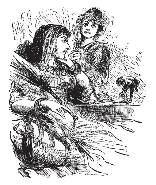 格列佛与王后 这个场面显示一个小一个人在桌上和鞠躬对坐在桌附近的巨型妇女 一个站立的人在背景 复古线绘画或雕刻例证 — 图库矢量图片