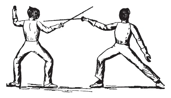 選手フェンシングの攻撃モードで剣やビンテージの線描画彫刻イラストにクロスを作るゲームをプレイ — ストックベクタ