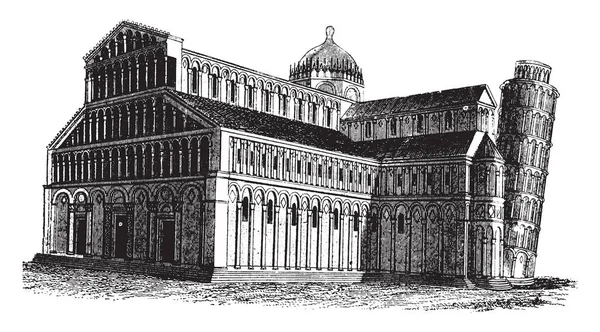 比萨大教堂 世界上最显着的钟楼 比萨斜塔 因斯布鲁克威廉 复古线画或雕刻插图 — 图库矢量图片