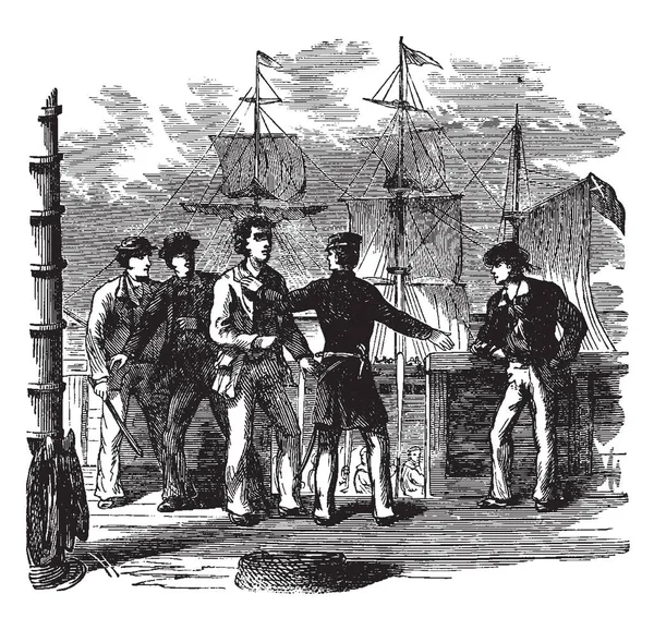 一群人站在船上 自己说话 复古线画或雕刻插图 — 图库矢量图片