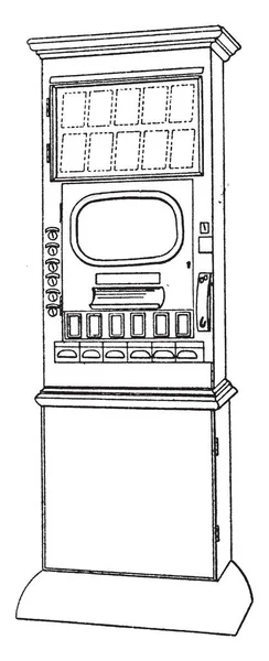 自动售货机是一种自动售货机 在将金钱或信用卡插入机器后 向消费者提供零食 香烟和彩票等物品 并在机器中插入复古线条画或雕刻插图 — 图库矢量图片