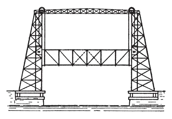 垂直リフト ブリッジは可動橋のスパンが残りのデッキ ビンテージの線描画や彫刻イラストと平行しながら垂直に上昇の種類 — ストックベクタ