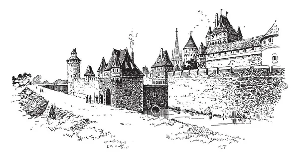 Ville Fortifiée Moyen Âge Dessin Ligne Vintage Illustration Gravure — Image vectorielle