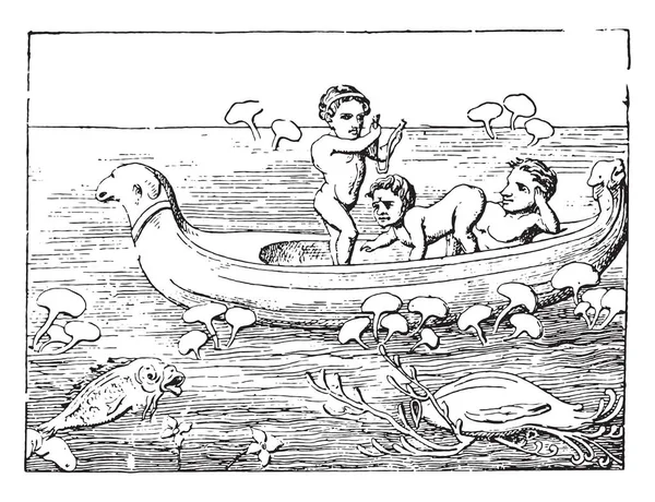 Pygmäen Die Ein Boot Fahren Gravierte Illustration — Stockvektor