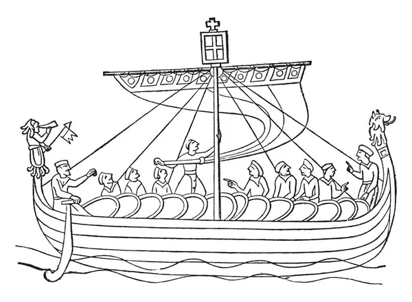 Normannisches Schiff Aus Dem Bayeux Wandteppich Vintage Linienzeichnung Oder Gravurillustration — Stockvektor