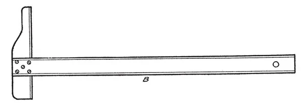 长固定头 平方是允许绘制一个长的正方形 它是一个手钉和两个相互垂直的鳞片与量角器头 复古线绘制或雕刻插图 — 图库矢量图片