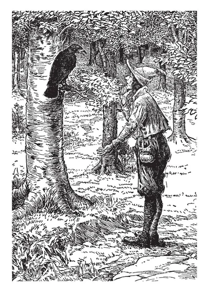 Hombre Mirando Pájaro Sentado Árbol Bosque Dibujo Línea Vintage Ilustración — Archivo Imágenes Vectoriales