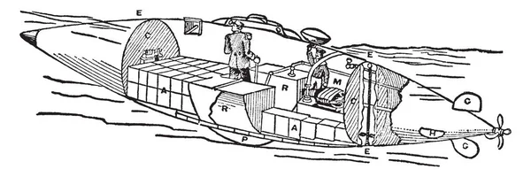 電気魚雷ボート 小型船舶のスピードを内蔵 圧縮空気または火薬 ビンテージ ライン描画または彫刻の図によって魚雷発射管が装備 — ストックベクタ