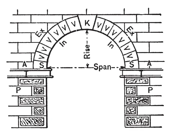 Bogen Steigung Halbrund Spannweite Federn Widerlager Vintage Linienzeichnung Oder Gravierillustration — Stockvektor