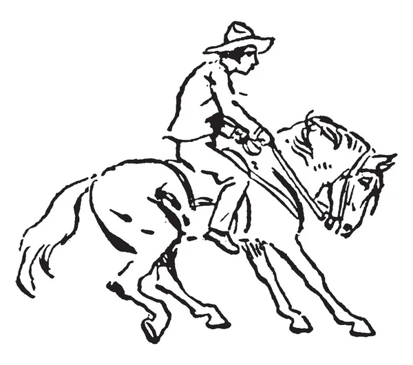 Hombre Está Montando Caballo Dibujo Línea Vintage Ilustración Grabado — Archivo Imágenes Vectoriales