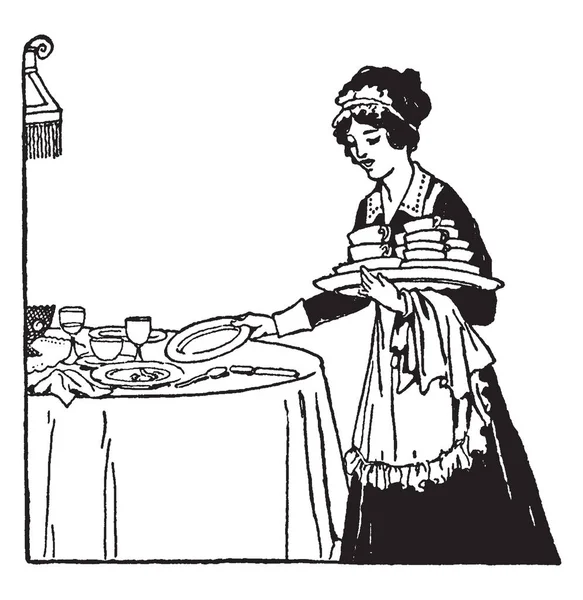 Eine Zimmermädchen Die Den Tisch Reinigt Vintage Linienzeichnung Oder Gravur — Stockvektor