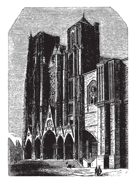 波尔日大教堂 飞的支柱 哥特式建筑 哥特式风格 圣斯蒂芬 复古线图画或雕刻插图 — 图库矢量图片